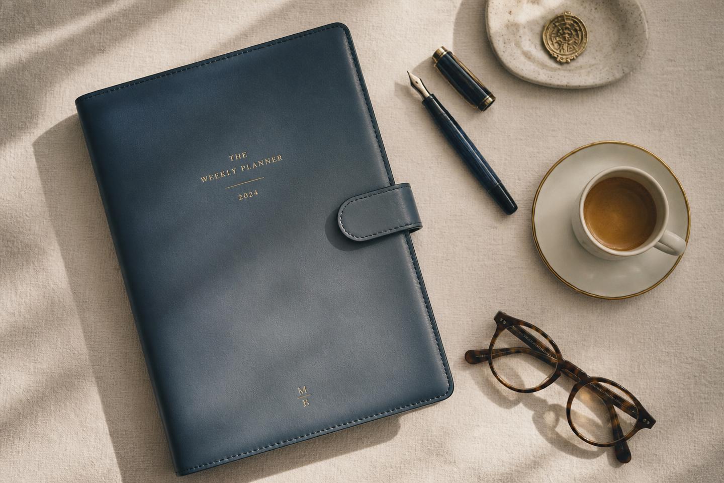 A leather planner, fountain pen, espresso and reading glasses on a linen desk