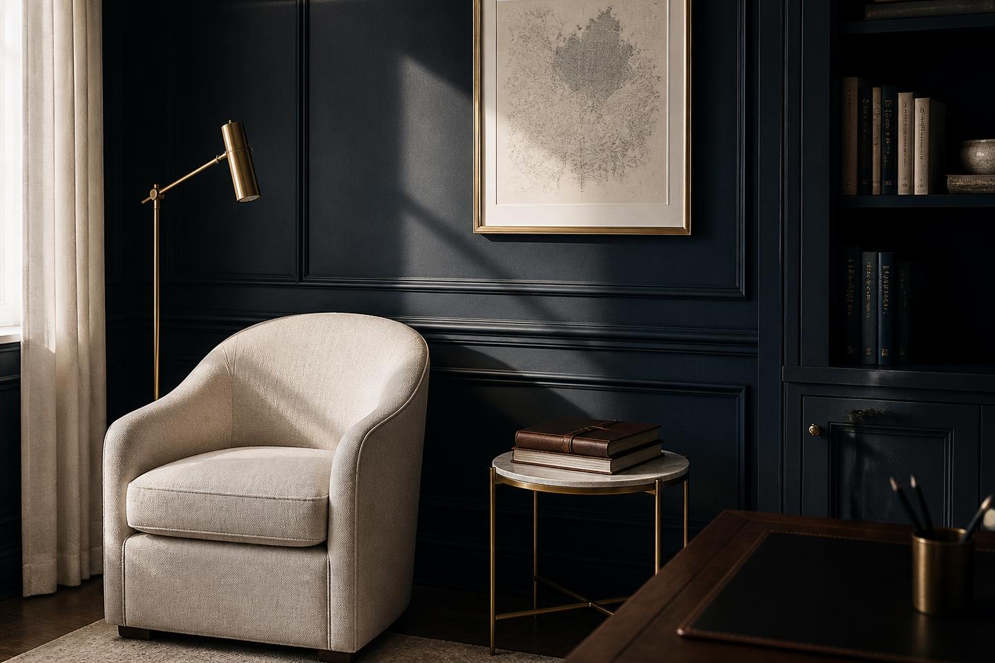 A quiet private office with a cream armchair and dark blue panelled walls